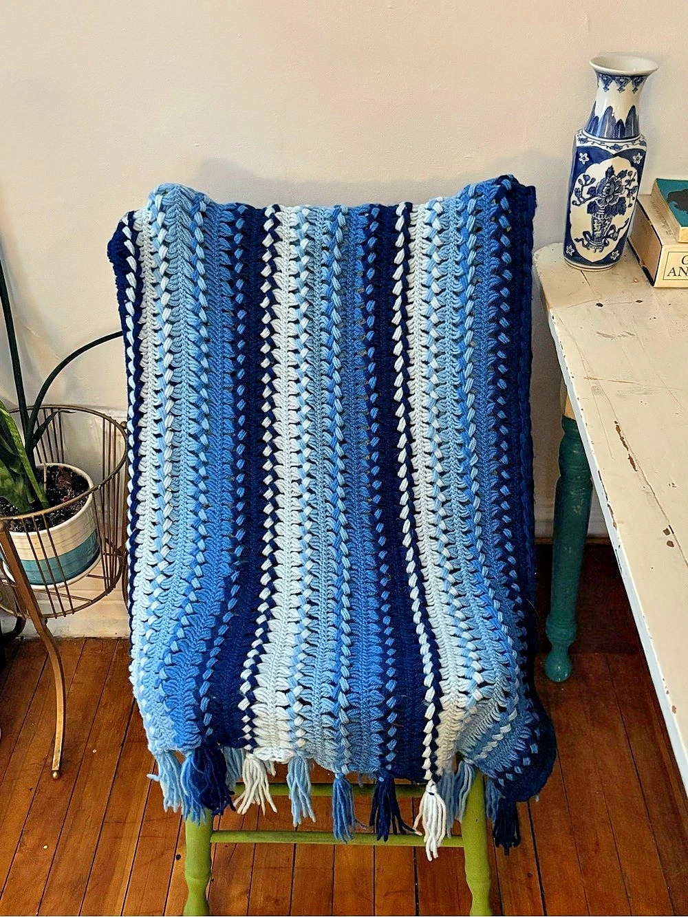 Vintage Striped crochet throw in blue monotone with fringe